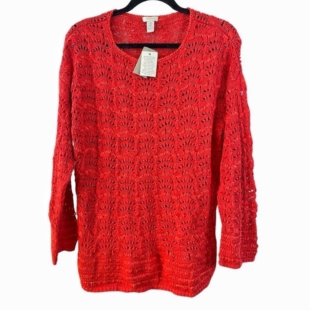 New Chico’s Crochet Pull-Over Orange Scoop Neck Long-sleeve Sweater